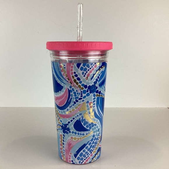 NWOT Lilly Pulitzer Reusable Cold Drink Tumbler with Straw in Ocean Jewel - Picture 2 of 11